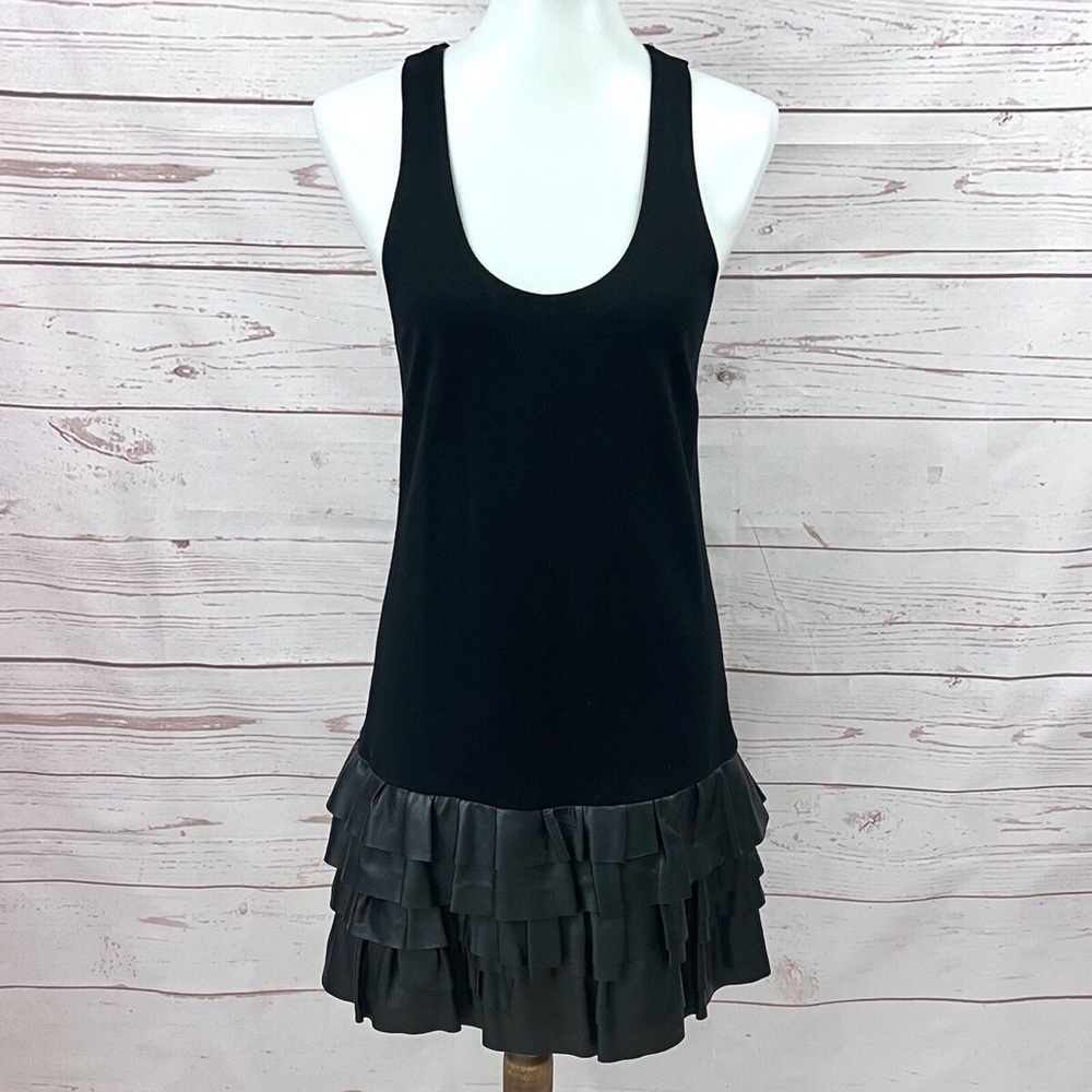Theory Black Sleeveless Leather Ruffle Hem Dress